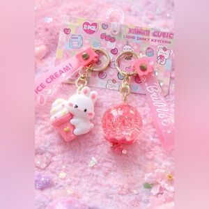 Kawaii Cutie Liquid Shaky Keychain Set Bunny Ice Cream Glitter Bubble Pink New